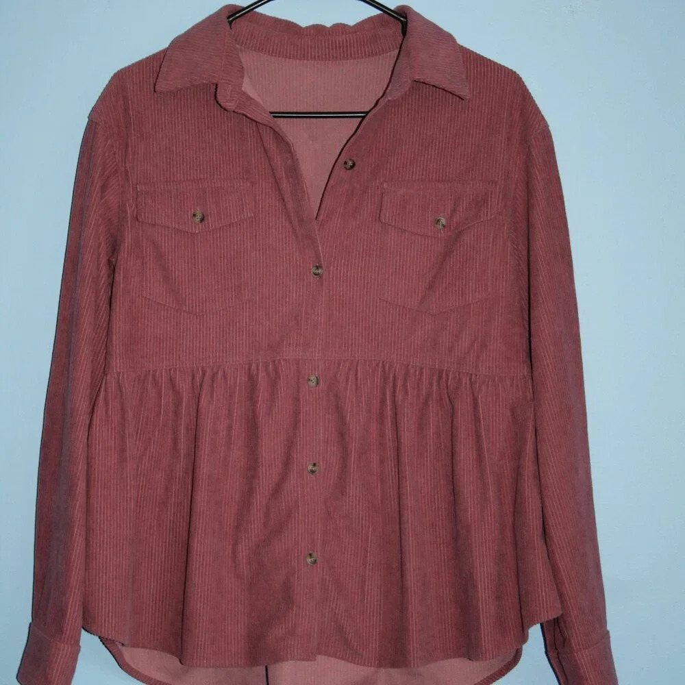 Corduroy Button Up Pink Women's Shirt Jacket Size Small Modest